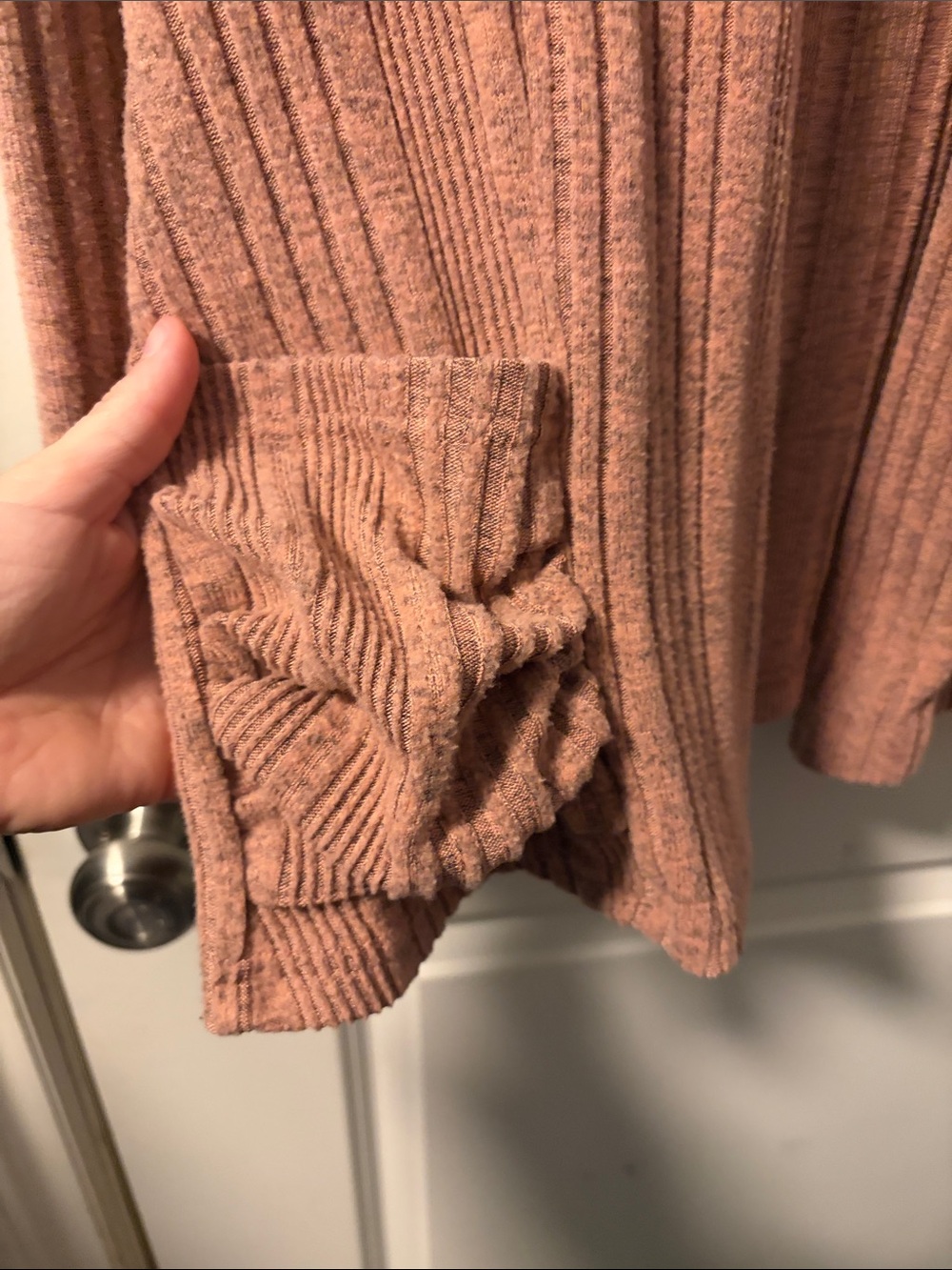 Open-Front Ribbed Cardigan with Pocket Ruching - Dusty Pink - Picture 3 of 4